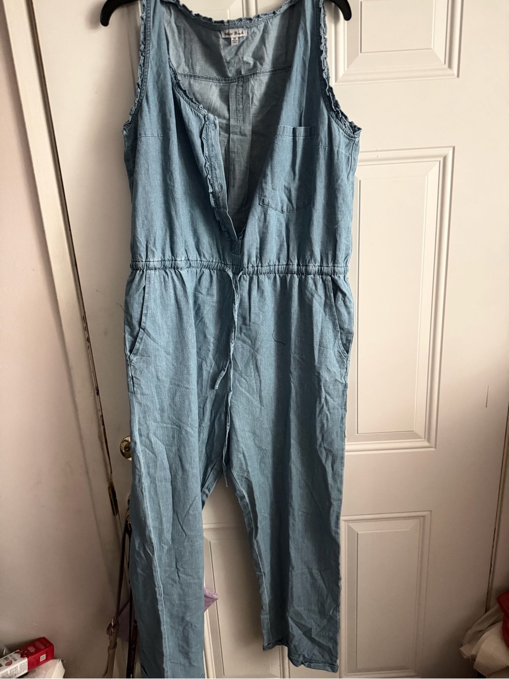 Clearance! White Birch 1X Sleeveless Chambray Jean Jumpsuit